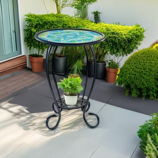 HONGLAND Mosaic Outdoor Side Table, 14" Round Patio Side Table, Mosaic Plant Stand, End Table W/Storage Shelf, Small Bistro Coffee Table for Garden Yard Porch Living Room(Green)