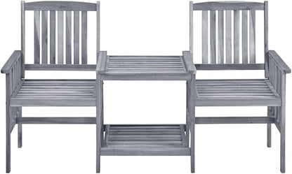 Rustic Garden Bistro Set with Double Chair and Tea Table in Grey Finish and Cream Cushions, Durable Acacia Wood Outdoor Furniture for Patio Dining and Relaxation