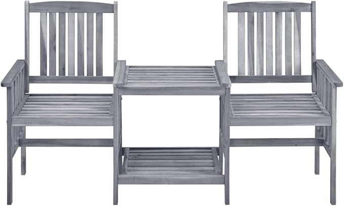 Grey Solid Acacia Wood Garden Chair with Tea Table, Medium Durable Outdoor Seating for Patio and Balcony, Rustic Style with Weathered Finish, Comfortable Cushion Included,