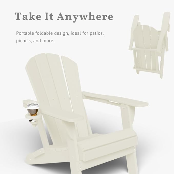 Folding Adirondack Chairs with Cup Holders, Set of 4 HDPE Plastic Outdoor Chairs, Weather Resistant, Real Wood Look - Photo 5