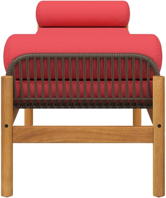 Brown and Red PE Rattan Patio Bench with Removable Cushion Covers, 2-Piece Outdoor Seating Set with Acacia Wood Legs and Steel Frame for Garden Balcony Terrace