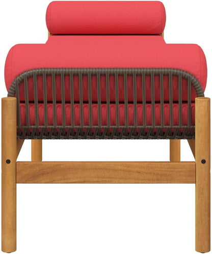 Brown and Red PE Rattan Patio Bench with Removable Cushion Covers, 2-Piece Outdoor Seating Set with Acacia Wood Legs and Steel Frame for Garden Balcony Terrace