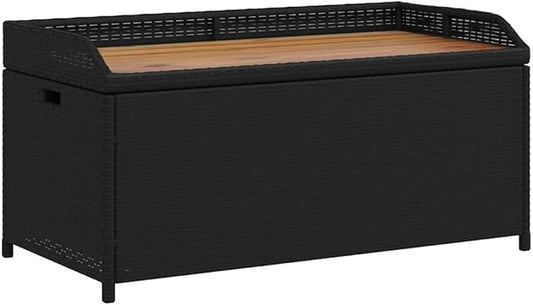 Outdoor Storage Bench with Acacia Wood Top and Synthetic Rattan, 2-Seater Black Rectangular Contemporary Patio Furniture for Garden Balcony