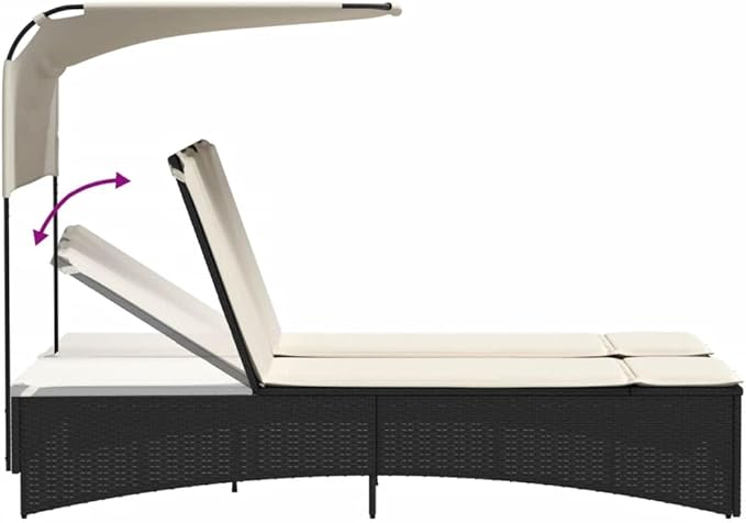 Outdoor Double Sun Lounger with Canopy 62"x21" Adjustable PE Rattan Black Pool Chaise Lounge Chair for Patio Garden - Photo 8