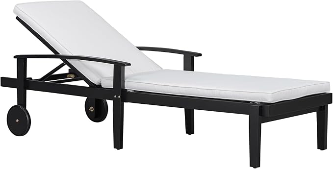 Christopher Knight Home Outdoor Chaise Lounge, Acacia Wood Adjustable Chaise Lounge, 5-Position Backrest Recliner, Soft Cushion Lounge, Flat Tanning Chair with wheel for Backyard, Balcony, Black White