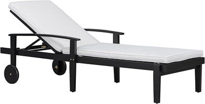 Christopher Knight Home Outdoor Chaise Lounge, Acacia Wood Adjustable Chaise Lounge, 5-Position Backrest Recliner, Soft Cushion Lounge, Flat Tanning Chair with wheel for Backyard, Balcony, Black White