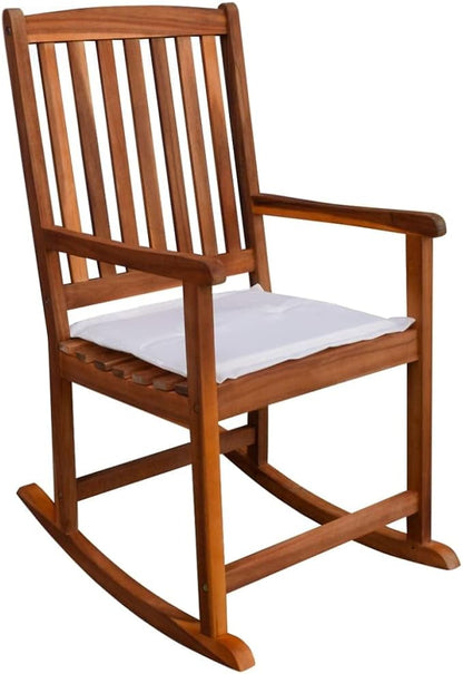 Light Brown Acacia Wood Rocking Chair with Polyester Cushions, 4 Outdoor Patio Furniture Pieces for Garden Balcony Relaxation, Smooth Finish Rustic Design, Easy Assembly