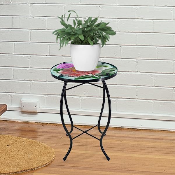 12 Inch Round Hummingbird Glass Side Table, Patio Small Table, Outdoor Side Table, Outdoor Bar Table - Photo 7