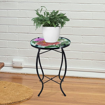 12 Inch Round Hummingbird Glass Side Table, Patio Small Table, Outdoor Side Table, Outdoor Bar Table, Metal Glass End Table for Porch Garden Patio Pool Living Room