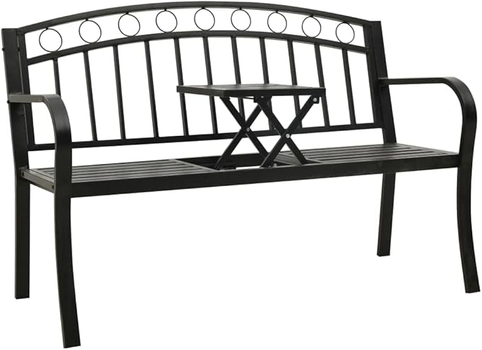 Modern Garden Bench with Table, Black Powder-Coated Steel, Medium Durable Outdoor Furniture for Patio, Balcony, Backyard, Compact Design, Sturdy Construction, Integrated