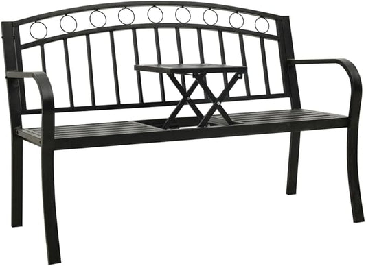 Modern Garden Bench with Integrated Table Black Powder-Coated Steel Medium Durable for Outdoor Patio and Balcony, Compact Rectangular Design with Sturdy Construction, 4-Piece