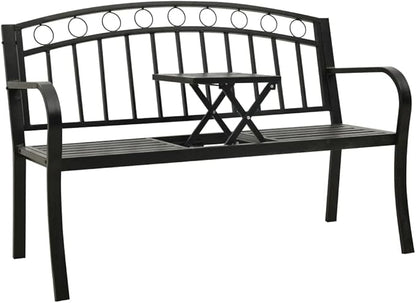 Modern Garden Bench with Integrated Table, 2-Seater Outdoor Metal Seat, Black Powder-Coated Steel Patio Furniture for Backyard, Balcony, and Garden