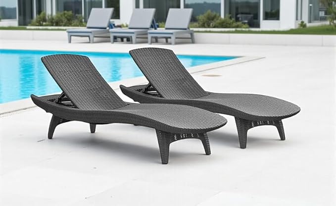 Outdoor Wicker Chaise Lounge Chairs, Adjustable Patio Furniture, Set of 2, (Gray)