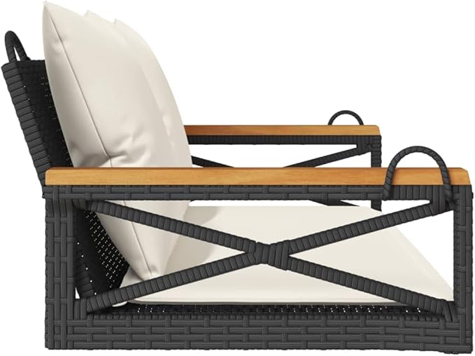 Outdoor Swing Bench with Removable Cushions, Black and Cream White Poly Rattan Patio Furniture for Garden, Balcony - Photo 5