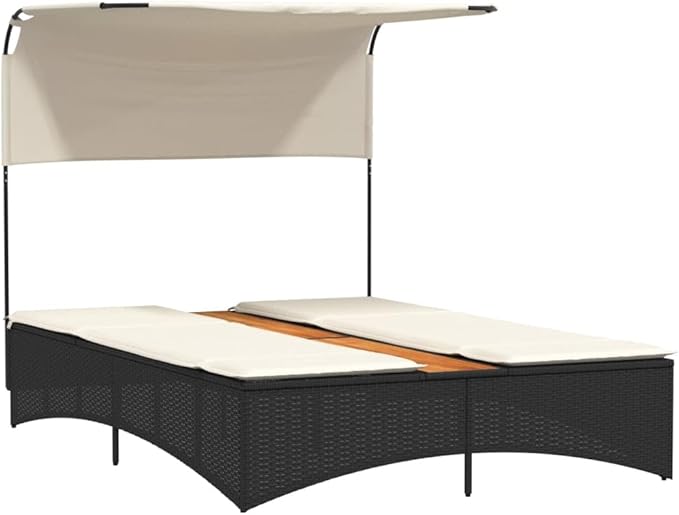 Outdoor Double Sun Lounger with Canopy 62"x21" Adjustable PE Rattan Black Pool Chaise Lounge Chair for Patio Garden - Photo 4
