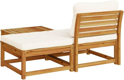 3 Piece Cream White Outdoor Sectional Sofa Set Small Patio Couch & Ottoman Modern Acacia Wood Conversation Furniture for Deck Sunroom and Balcony 28.7 x 24.8 x 25.6 in