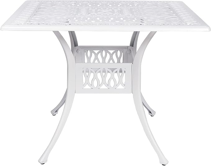 VIVIJASON 35.4" Outdoor Patio Dining Square Table White Cast Aluminum Rustic Large Patio Table with Umbrella Hole