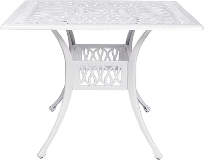 VIVIJASON 35.4" Outdoor Patio Dining Square Table White Cast Aluminum Rustic Large Patio Table with Umbrella Hole