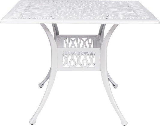 VIVIJASON 35.4" Outdoor Patio Dining Square Table White Cast Aluminum Rustic Large Patio Table with Umbrella Hole