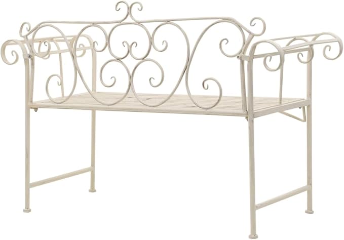 Antique White 52" Garden Bench Vintage Scroll Metal Outdoor Seating for Patio, Porch & Balcony, Rust-Resistant Powder-Coated Frame, No Assembly for Two Persons, Front Yard Entryway