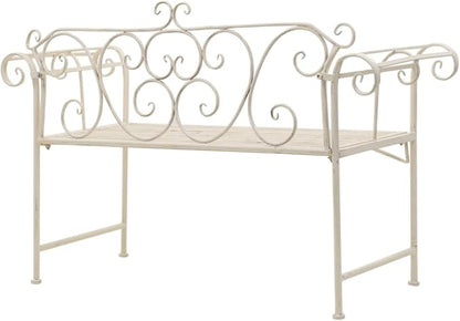 Antique White Metal Garden Bench with Decorative Inlays 52 Inch Width, Vintage Scroll-Patterned Backrest, Sturdy Powder-Coated Steel, Weather-Resistant Outdoor Seating