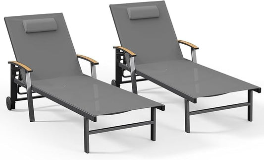 Ciokea Outdoor Lounge Chair with Pillow Set of 2, 5-Position Aluminum Chaise Lounge with Wheels & Armrests, 400 lbs Heavy Duty Patio Pool Chair for Backyard, Deck, Beach & Poolside, Grey