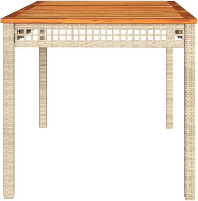 Beige Poly Rattan Rectangular Garden Table 55.1x31.5x29.5 in, Solid Acacia Wood Top for Outdoor Dining - Photo 6