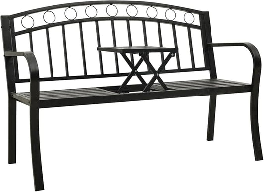 Garden Bench Outdoor Bench Patio Bench Cushions for Outdoor, Park, Yard, Entryway, Iron Metal Frame Furniture, with Folding Table 49.2" Steel Black-Fast delivchy
