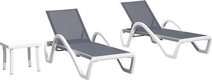 PURPLE LEAF Patio Chaise Lounge Chair Set of 3 Outside Aluminum Plastic Stackable Tanning Chairs with Armrests and Side Table for Pool Sunbathing Beach Deck Outdoor Lounger, Light Grey