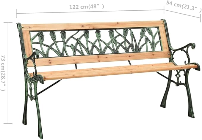 Garden Bench 48" Brown Solid Firwood & Cast Iron Patio Seating with Floral Tulip Backrest Outdoor Park Bench for Porch, Balcony, Yard