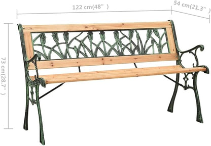 Garden Bench 48" Brown Solid Firwood & Cast Iron Patio Seating with Floral Tulip Backrest Outdoor Park Bench for Porch, Balcony, Yard