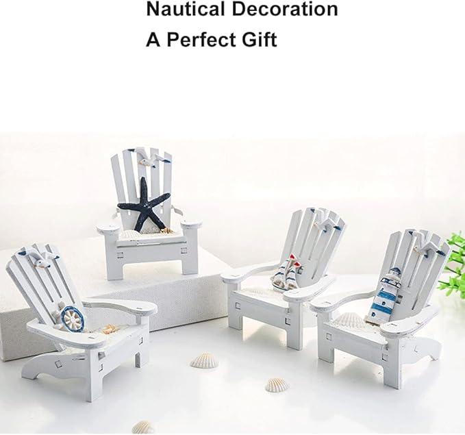 4 Pieces Wooden Adirondack Miniature Chair Ornaments with Nautical Life Ring for Coastal, Ocean, Beach Office Home Decoration Favor