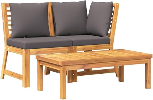 3-Piece Patio Sectional Set, Dark Grey Solid Acacia Wood Outdoor Couch with Coffee Table for Balcony Garden Terrace