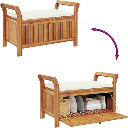 Solid Acacia Wood Outdoor Storage Bench Garden Bench Cream White Natural Wood 36x36x23.6in Rectangular Spacious Storage Modern Design Furniture for Patio Balcony Garden