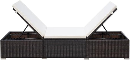 Brown and Cream White Sun Lounger with Adjustable Backrest and Cushion, Durable PE Rattan Outdoor Chaise Lounge for Patio Garden Poolside Relaxation