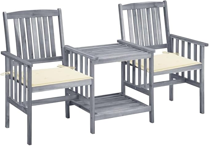 Rustic Garden Bistro Set with Double Chair and Tea Table in Grey Finish and Cream Cushions, Durable Acacia Wood Outdoor Furniture for Patio Dining and Relaxation
