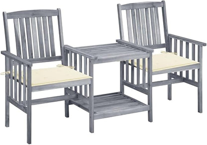 Rustic Garden Bistro Set with Double Chair and Tea Table in Grey Finish and Cream Cushions, Durable Acacia Wood Outdoor Furniture for Patio Dining and Relaxation