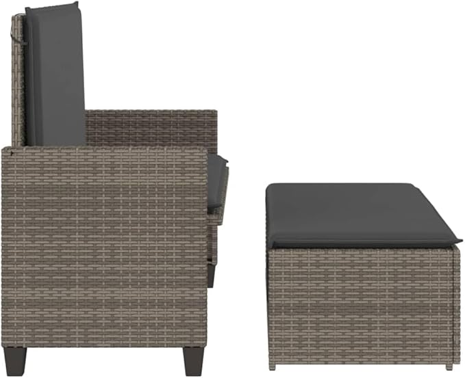 Garden Bench Deck Bench Patio Bench with Cushions and Footstool Gray Poly Rattan - Photo 6