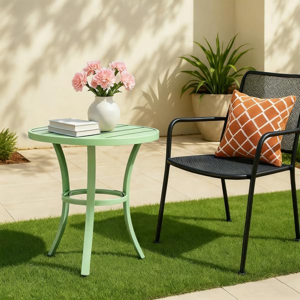 20" Side Table Outdoor Indoor, Round Metal Patio End Table, Small Weather-Resistant Accent Table with Adjustable Feet for Garden, Balcony, Living Room, Bedroom (Light Green)