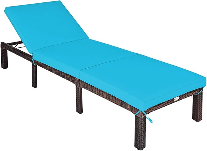 Tangkula Rattan Wicker Chaise Lounge Chair, Outdoor Patio Lounger Recliner Chair w/Adjustable Backrest, Heavy-Duty Reclining Chair Sunbed w/Thick Zippered Cushion for Garden Yard Patio (1, Turquoise)