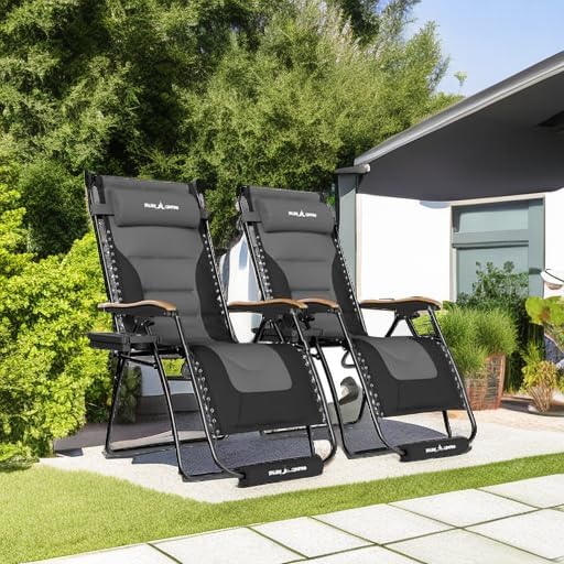 UDPATIO Zero Gravity Chair Oversized Outdoor Anti Gravity Chairs Indoor Patio Lounge Folding Adjustable Chair with Cup Holder, Foot Pad & Padded Headrest, Supports 500lbs (2, Black/Gray, 29in)