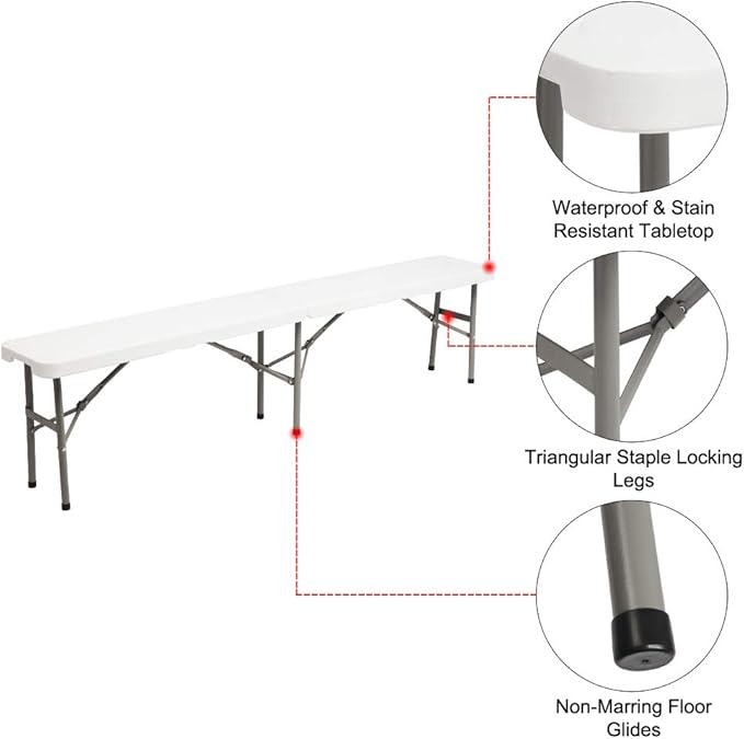 6ft Portable Plastic Folding Bench,Outdoor Foldable Courtyard Benchs,Patio Furniture Bench Chair,Outside & Indoor Dining Benchs,with Metal Legs,for Porch Backyard Garden Poolside Balcony (White)