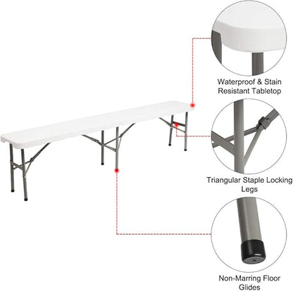 6ft Portable Plastic Folding Bench,Outdoor Foldable Courtyard Benchs,Patio Furniture Bench Chair,Outside & Indoor Dining Benchs,with Metal Legs,for Porch Backyard Garden Poolside Balcony (White)