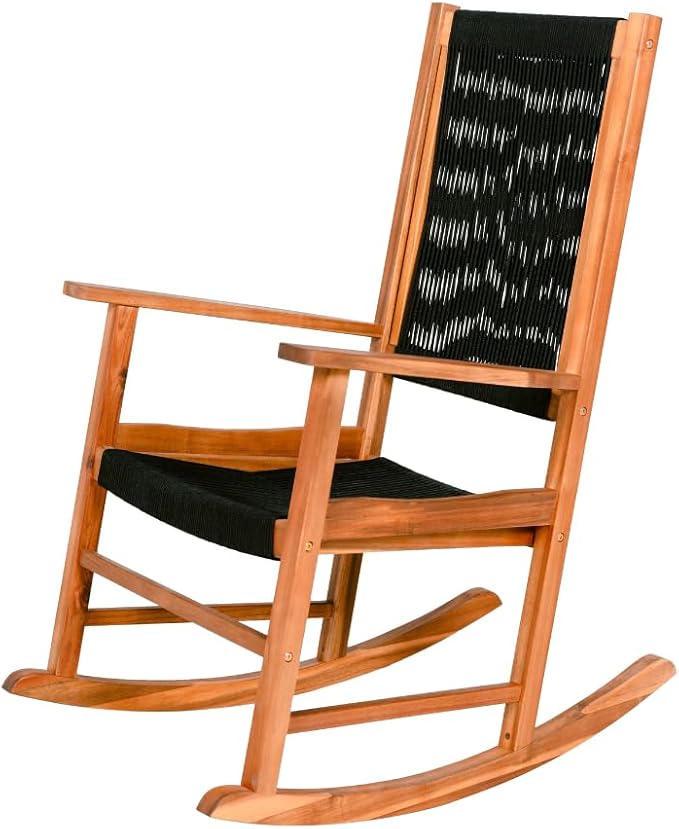 East Green Hudson Modern Outdoor Rocking Chair with Black Rope Accents - Wooden Porch Rocker Crafted from Weather-Resistant Acacia Wood