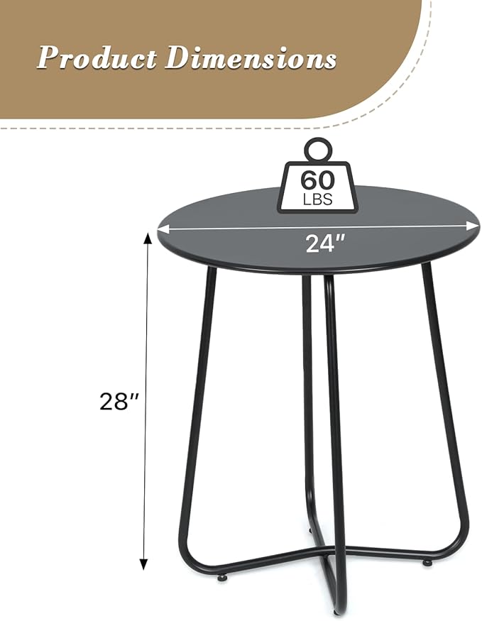 Athena Collection Outdoor Patio Round Side Table, 24" Round Small Metal Outdoor Patio End Table Waterproof Weather Resistant for Indoor, Outside, Bistro, Balcony, Garden, Black