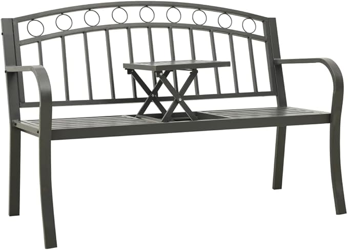 Patio Bench with a Table,Outdoor Garden Benches,Chairs with Armrests for Park, Yard, Porch, Lawn, Balcony, Backyard, Seat Furniture,49.2" Steel Gray