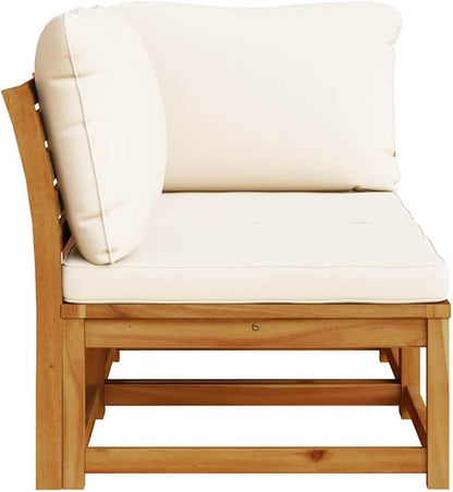 2 Piece Outdoor Sectional Sofa Set Cream White Acacia Wood Patio Couch with Removable Cushions Slatted Design Modular Small Balcony Garden Conversation for Deck Lawn Sunroom