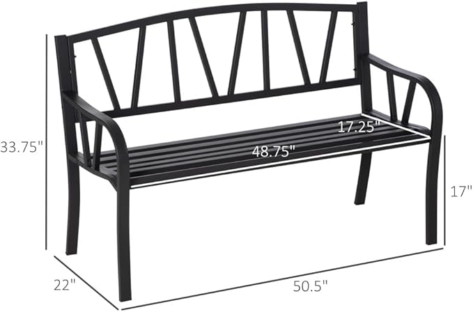 Metal Garden Bench for Outdoor Patios and Lawns, 50 Inch Park-Style Seating with Slatted Backrest and Smooth Armrests