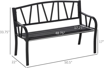 Metal Garden Bench for Outdoor Patios and Lawns, 50 Inch Park-Style Seating with Slatted Backrest and Smooth Armrests