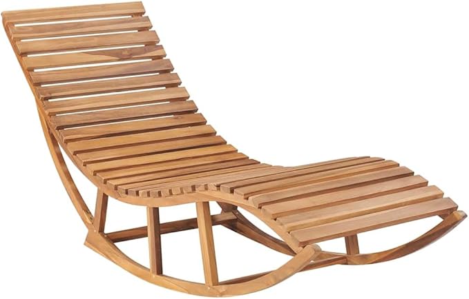 Teak Wood Sun Lounger with Green Polyester Cushion, Outdoor Rocking Chair for Patio Garden Poolside Relaxation, Solid Teak Construction, Weather Resistant